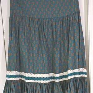 Luna Moon Blue Brown Floral Cotton Boho Long Skirt Lace Tiered Elastic Waist M